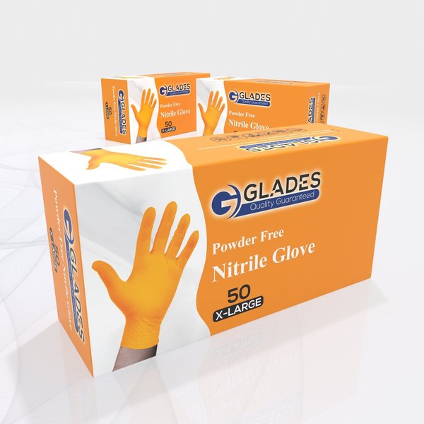 Glades Nitrile Disposable Gloves, 8 mil Palm , Nitrile, Powder-Free, XL, 50 PK, Orange XL